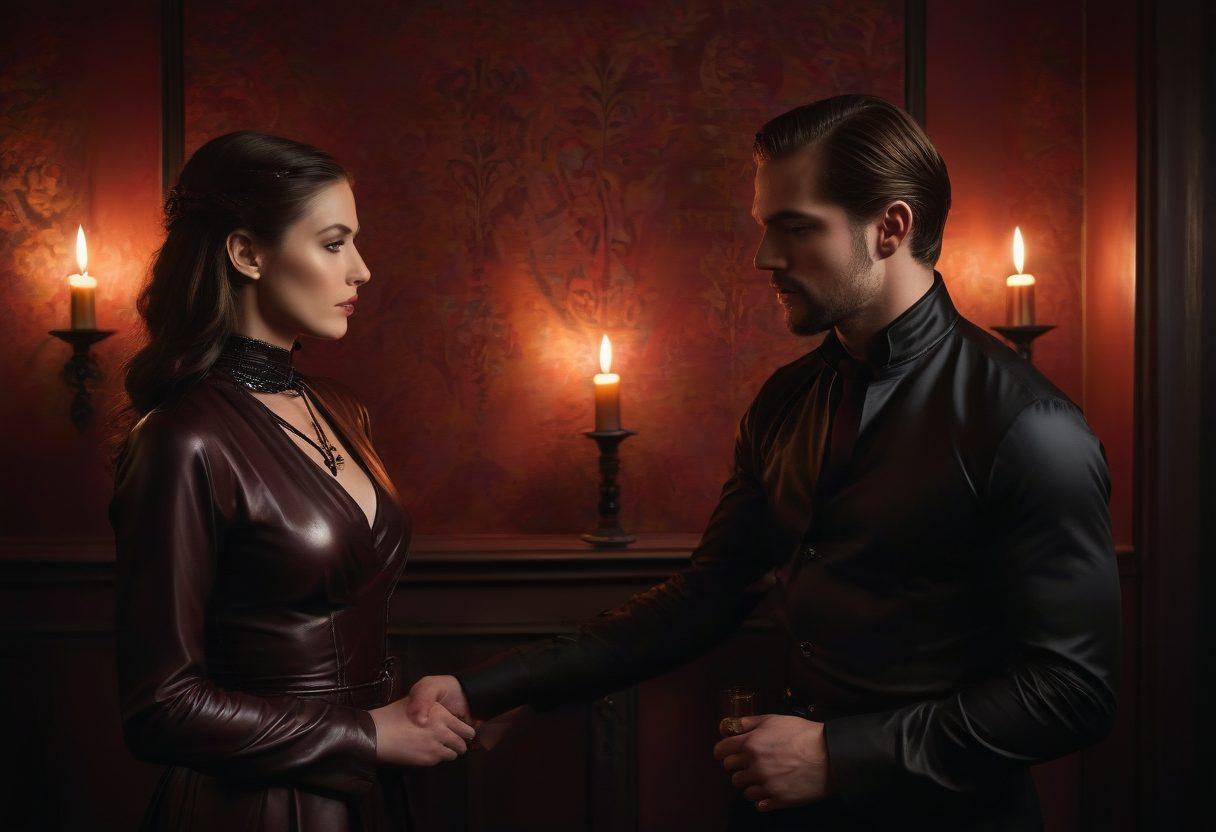 A moody, candlelit scene depicting a couple in a BDSM setting, showcasing trust, intimacy, and power dynamics. The room is filled with rich textures like leather and silk, adorned with subtle symbols of kink. Soft shadows dance on the walls, creating an air of mystery. The couple's expressions reflect deep connection and understanding, while a hint of vulnerability is present. Dark romantic colors with a touch of red and gold. super-realistic. dramatic lighting.