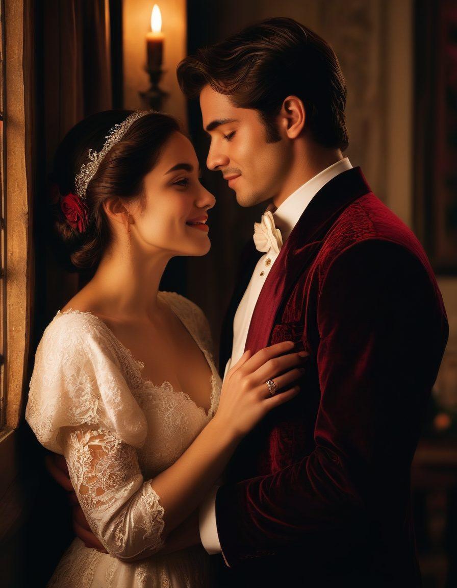 An intimate scene depicting a couple in a dark, romantic setting with soft candlelight casting shadows. The individuals, one with a playful, mischievous grin and the other with a look of trust and surrender, are dressed in elegant, contrasting attire that symbolizes the dynamics of sadomasochism. Surrounding them, intricate lace patterns and deep crimson roses enhance the emotional depth. The atmosphere is charged with tension and intimacy, inviting the viewer into their world. super-realistic. dark tones. romantic lighting.